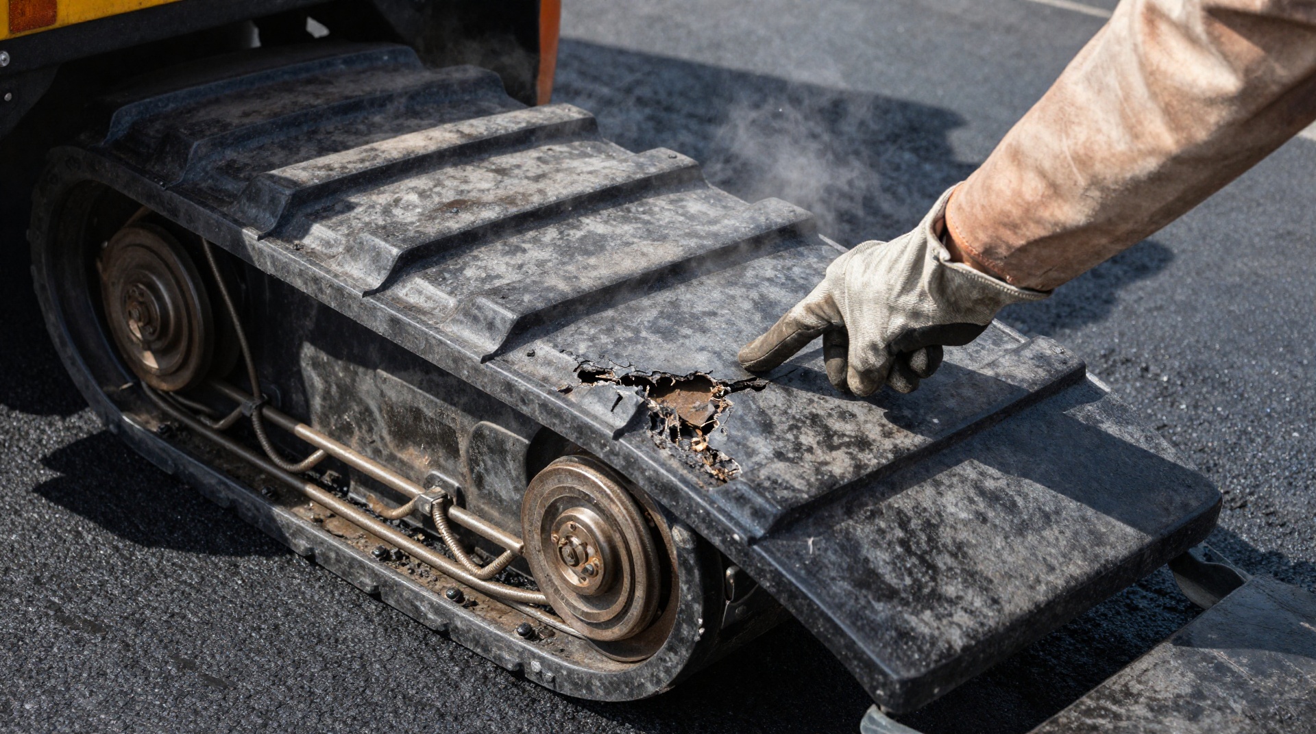 Изношенный резиновый трак асфальтоукладчика с обнажившимся металлическим каркасом и тенью руки механика